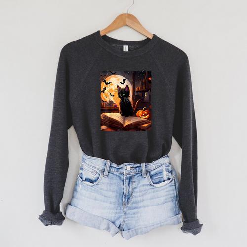 Halloween Cat Reading Books Spooky Cat Reader Teachers Raglan Sleeve Sweatshirt - Bookorys AU