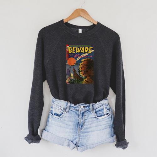Halloween Horror Vintage Werewolf Comic Book Retro Raglan Sleeve Sweatshirt - Bookorys