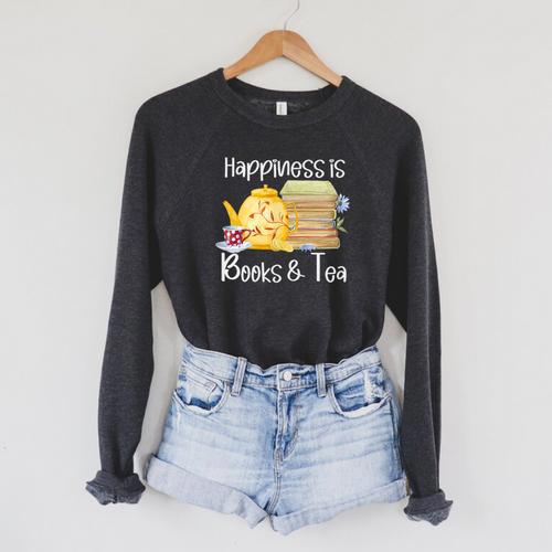 Happiness Is Books And Tea Raglan Sleeve Sweatshirt - Bookorys AU