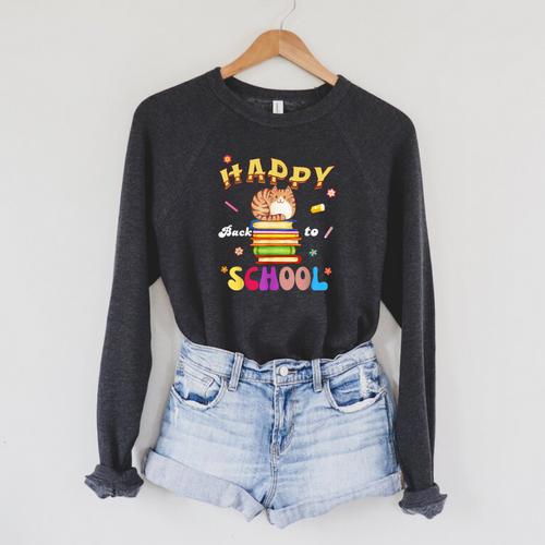 Happy Back To School Cat Books The Start Of The School Year Raglan Sleeve Sweatshirt - Bookorys AU
