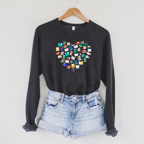 Heart Of Books Book Lover Heart Shape Reading Raglan Sleeve Sweatshirt - Bookorys UK