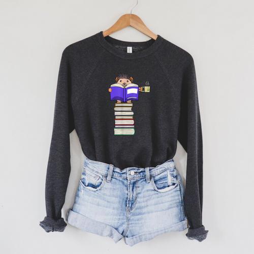 Hedgehog Reading Books And Drinking Tea Raglan Sleeve Sweatshirt - Bookorys DE