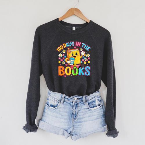 HUGvyn Preppy 100 Days In The Books Teacher Reading Coffee Raglan Sleeve Sweatshirt - Bookorys CA