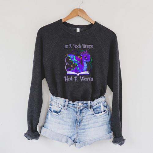 I'm a Book Dragon Not a Worm Dragons Reading Raglan Sleeve Sweatshirt - Bookorys AU