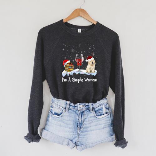 I'm Simple Woman Books Wine Golden Retriever Dog Lover Xmas Raglan Sleeve Sweatshirt - Bookorys UK