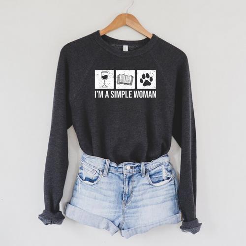 I'm A Simple Woman Wine Books & Dogs Reading Lover Raglan Sleeve Sweatshirt - Bookorys
