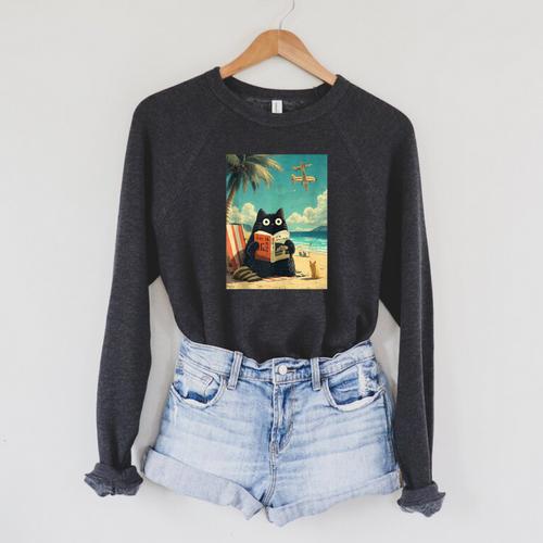 Japanese Cat Book Summer Beach Vacation Cruise Raglan Sleeve Sweatshirt - Bookorys AU
