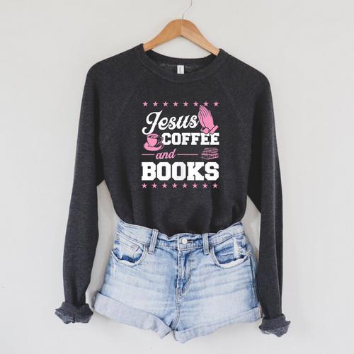 Jesus Coffee And Books Christian Reading Literary Raglan Sleeve Sweatshirt - Bookorys