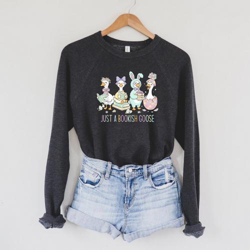 Just A Bookish Goose Bunny Easter Day Reading Book Lover Raglan Sleeve Sweatshirt - Bookorys DE