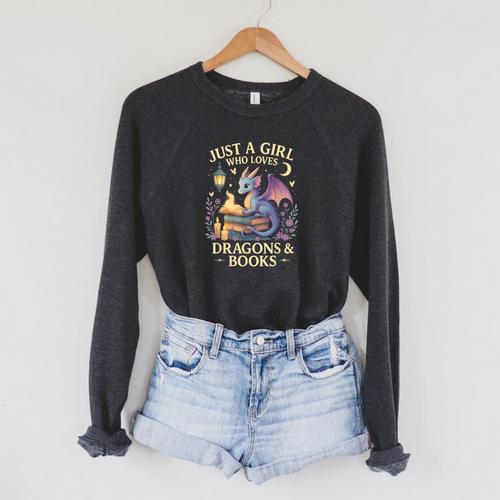 Just a Girl Who Loves Cute Dragons And Books Raglan Sleeve Sweatshirt - Bookorys AU