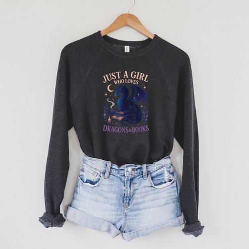 Just a Girl Who Loves Dragons And Books Fantasy Raglan Sleeve Sweatshirt - Bookorys