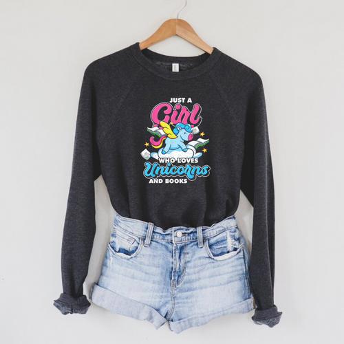 Just A Girl Who Loves Unicorns And Books Animal Reading Raglan Sleeve Sweatshirt - Bookorys