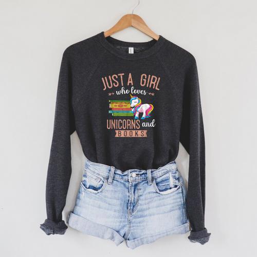 Just A Girl Who Loves Unicorns And Books Women Reading Raglan Sleeve Sweatshirt - Bookorys