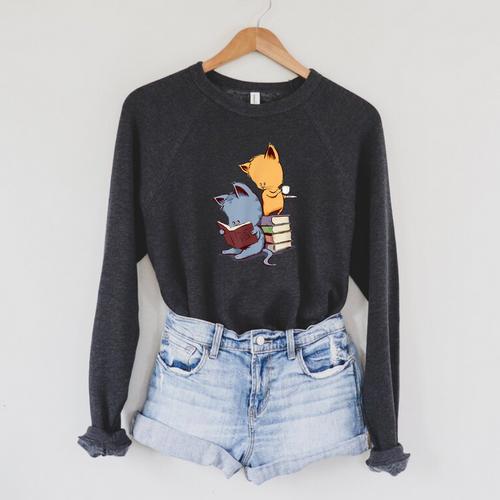 Kawaii Kittens Cats Tea And Books Cartoon Cat For Men Women Girls Kids Raglan Sleeve Sweatshirt - Bookorys
