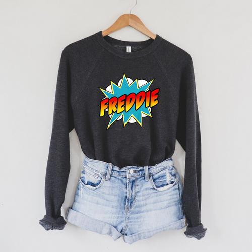 Kids Boys Freddie Name Comic Book Superhero Raglan Sleeve Sweatshirt - Bookorys DE