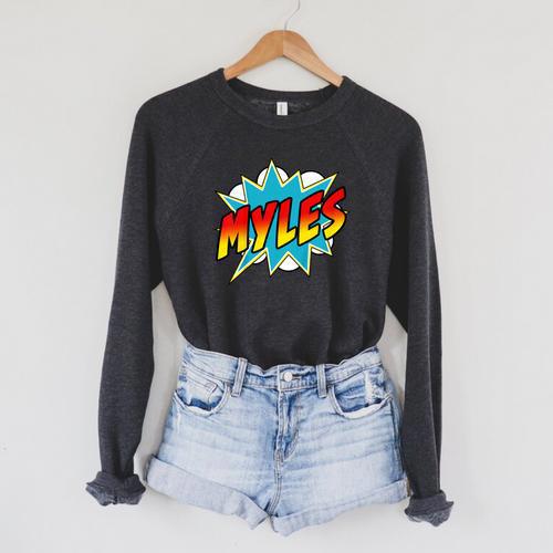 Kids Boys Myles Name Superhero Comic Book Raglan Sleeve Sweatshirt - Bookorys CA