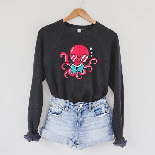 Librarian Book Sea Ocean Giant Squid Reading Octopus Raglan Sleeve Sweatshirt - Bookorys