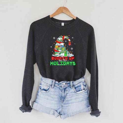 Librarian Booked Up For The Holidays Books Christmas Tree Raglan Sleeve Sweatshirt - Bookorys UK