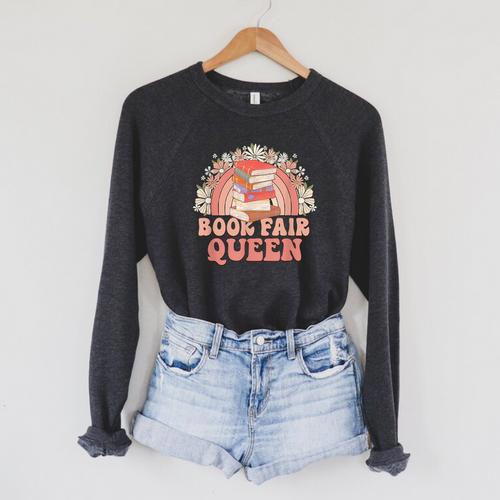 Library Book Fair Queen Vibe Groovy Retro School Reading Raglan Sleeve Sweatshirt - Bookorys