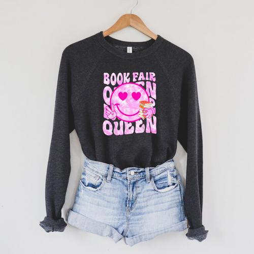 Library Book Fair Queen Vibe Groovy Tie Dye School Reading Raglan Sleeve Sweatshirt - Bookorys