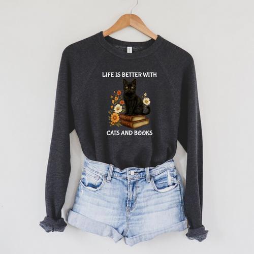 Life Is Better With Cats And Books Cute Cat Lover For Men Women Kids Raglan Sleeve Sweatshirt - Bookorys AU