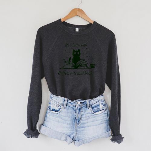 Life With Book Reading Cats And Coffee Ironic Kitty Raglan Sleeve Sweatshirt - Bookorys