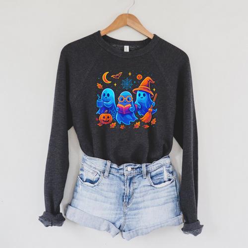 Little Ghost Coffee Tee Spooky Season Ghost Reading Book Raglan Sleeve Sweatshirt - Bookorys