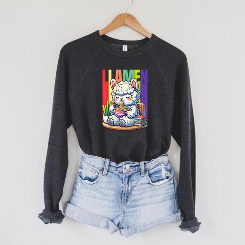 Llamen Cute Kawaii Llama Eating Ramen And Reading Books Raglan Sleeve Sweatshirt - Bookorys AU