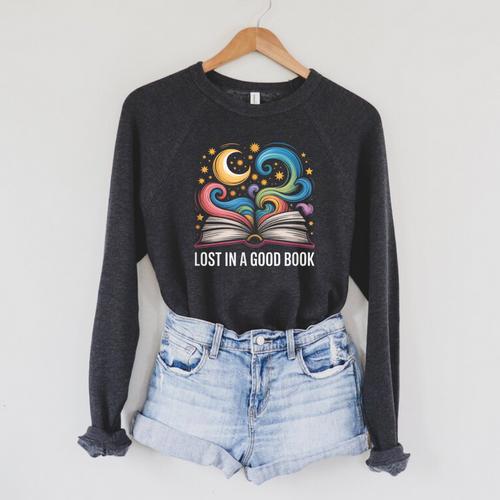 Lost In A Good Book Moon And Stars Fantasy BookTok Raglan Sleeve Sweatshirt - Bookorys CA