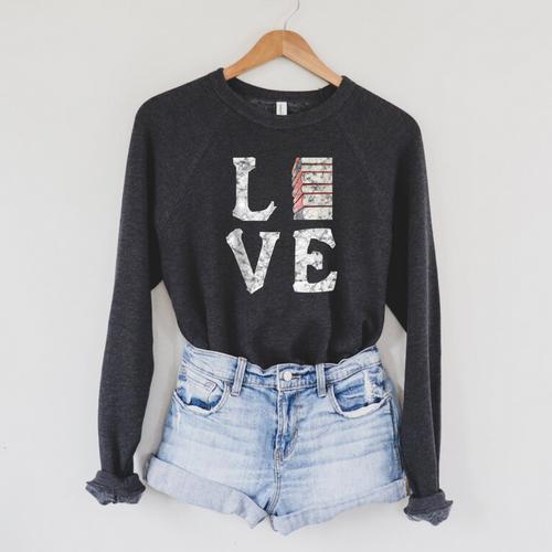 Love Books Book Stack Nerd Literary Readers Distressed Raglan Sleeve Sweatshirt - Bookorys