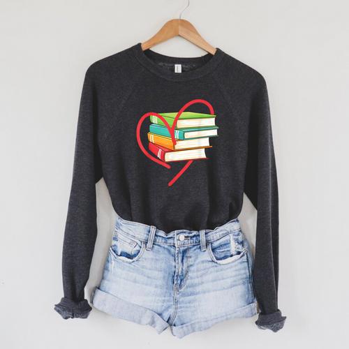 I Love Reading Heart Love Books TShirt Library Bookworm Raglan Sleeve Sweatshirt - Bookorys