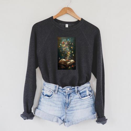 Magical Book Floral Coffee Books Nature Fantasy Raglan Sleeve Sweatshirt - Bookorys