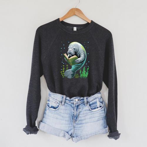 Manatee Reading Book Matching Bookworm Librarian Books Lover Raglan Sleeve Sweatshirt - Bookorys UK
