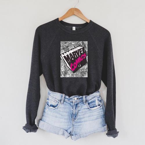 Marvel Comics Logo Comic Book Fill Panel Raglan Sleeve Sweatshirt - Bookorys AU
