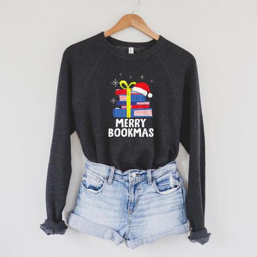 Merry Bookmas Christmas Bookworm Xmas Book Lover Reading Raglan Sleeve Sweatshirt - Bookorys CA