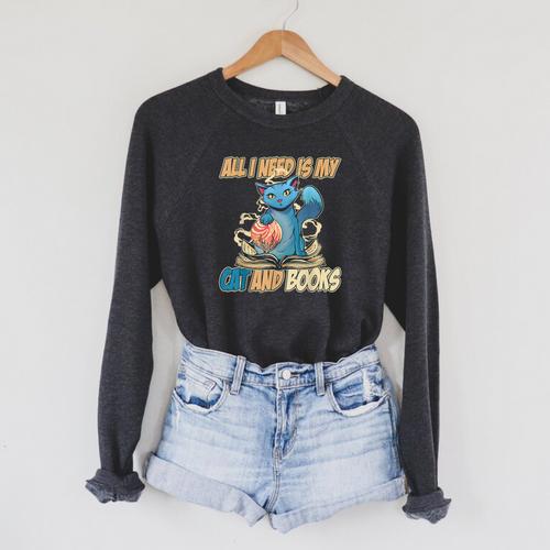 All I Need Is My Cat And Books Cute Cat Raglan Sleeve Sweatshirt - Bookorys AU