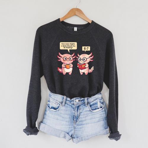 How Many Nights Reading Axolotl Book Lover Cat Reader Raglan Sleeve Sweatshirt - Bookorys AU