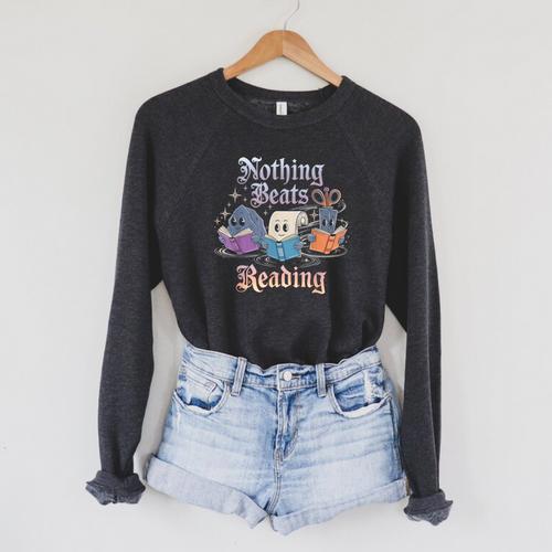 Nothing Beats Reading Book Librarian Rock Paper Scissors Raglan Sleeve Sweatshirt - Bookorys CA