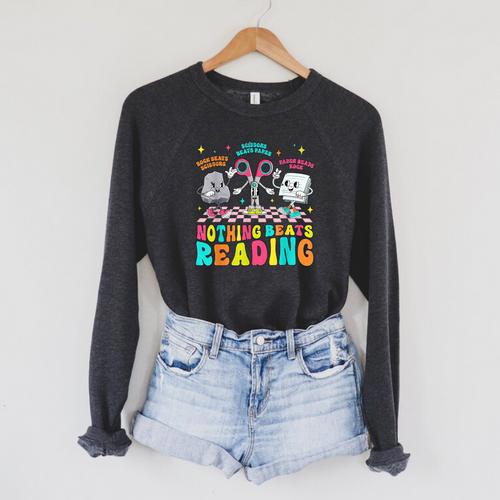 Nothing Beats Reading Cute Rock Paper Scissors Book Lover Raglan Sleeve Sweatshirt - Bookorys CA