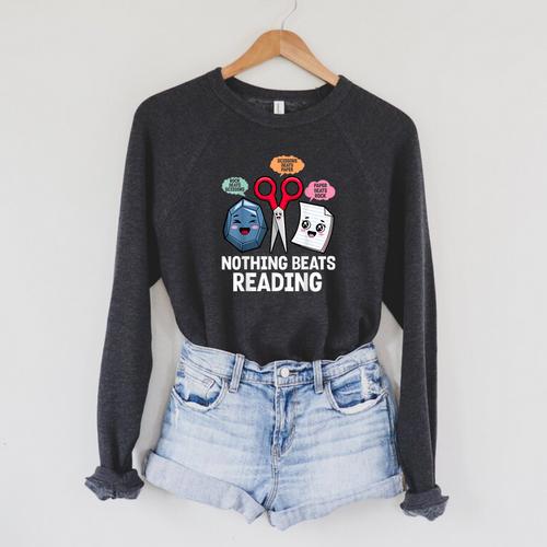 Nothing Beats Reading Rock Paper Scissors Book Lover Raglan Sleeve Sweatshirt - Bookorys CA