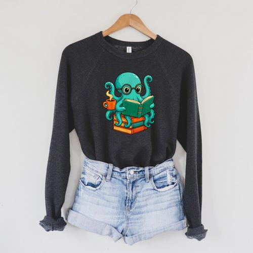 Octopus Reading Book Reading Bookworm Reader Raglan Sleeve Sweatshirt - Bookorys