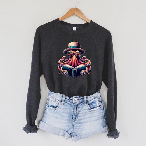 Octopus Reading Book Kraken Bookworm Raglan Sleeve Sweatshirt - Bookorys CA