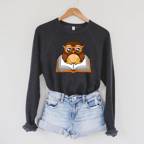 Owl Book Literature Book Reading Raglan Sleeve Sweatshirt - Bookorys CA