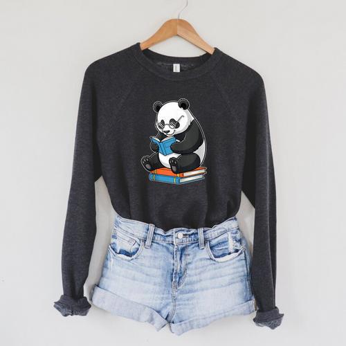 Panda With Glasses Reading Book Librarian Panda Raglan Sleeve Sweatshirt - Bookorys CA