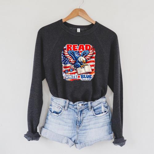 Patriotic Eagle Reading Book Read Blue Since 1776 Raglan Sleeve Sweatshirt - Bookorys AU