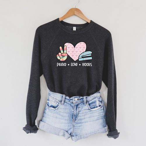 Peace Love Books Reading Raglan Sleeve Sweatshirt - Bookorys DE