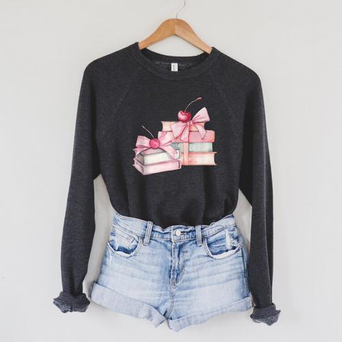 Pink Bow Books And Cherries For Book Lover Girl Women Raglan Sleeve Sweatshirt - Bookorys AU