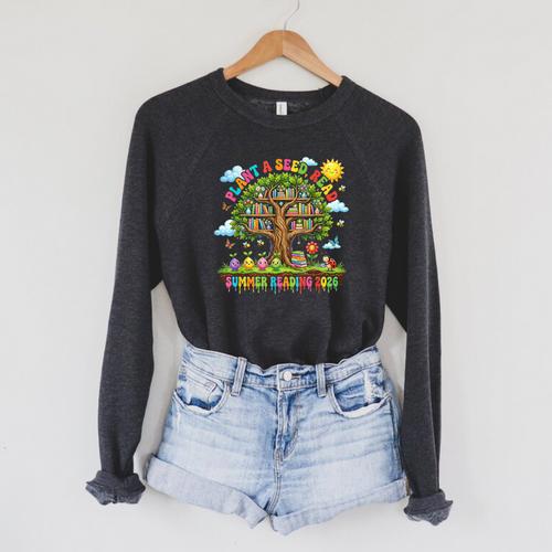 Plant A Seed Read Summer Reading 2026 Book Tree Raglan Sleeve Sweatshirt - Bookorys DE