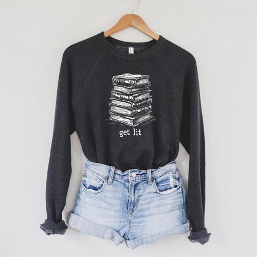 Quirky Book Nerd Get Lit Humor Bookworm Classic Distressed Raglan Sleeve Sweatshirt - Bookorys
