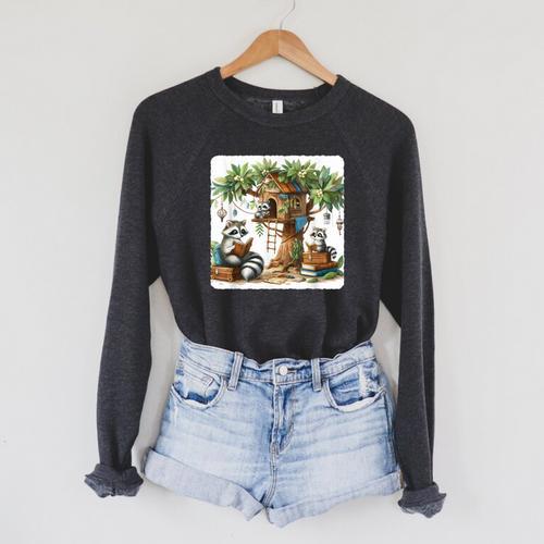 Raccoon Family Reading Around Treetop Home Books Adventure Raglan Sleeve Sweatshirt - Bookorys UK